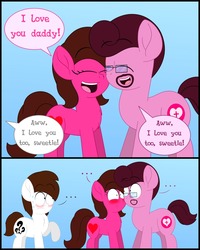Size: 1300x1625 | Tagged: safe, artist:aarondrawsarts, oc, oc:brain teaser, oc:rose bloom, pony, awkward, blushing, brainbloom, daddy kink, father and daughter, father's day, female, male