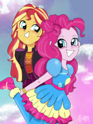Size: 1800x2400 | Tagged: source needed, safe, artist:artmlpk, pinkie pie, sunset shimmer, equestria girls, g4, my little pony equestria girls: choose your own ending, wake up!, wake up!: pinkie pie, cute, duo, female, looking at each other, shimmerbetes