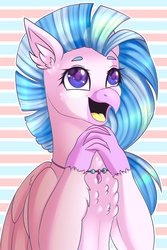 Size: 2000x3000 | Tagged: safe, artist:tayzipumpqueen, silverstream, classical hippogriff, hippogriff, g4, bust, chest fluff, colored pupils, cute, diastreamies, ear fluff, female, high res, open mouth, solo, striped background