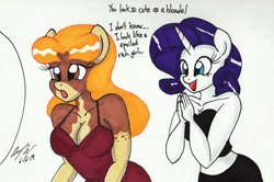 Size: 2534x1686 | Tagged: safe, artist:newyorkx3, rarity, oc, oc:crystal, anthro, g4, alternate hair color, anthro oc, blonde, busty crystal, clothes, dialogue, duo, duo female, female, traditional art