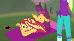 Size: 640x360 | Tagged: safe, screencap, rainbow dash, sunset shimmer, equestria girls, g4, my little pony equestria girls: choose your own ending, wake up!, wake up!: rainbow dash, animated, barefoot, cellphone, clothes, duo, duo female, feet, female, flexible, gif, phone, solo focus, yoga