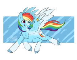 Size: 950x750 | Tagged: safe, artist:cosmalumi, rainbow dash, pegasus, pony, g4, abstract background, chest fluff, coat markings, cute, dashabetes, ear fluff, female, mare, one eye closed, smiling, socks (coat markings), solo, stars, two toned wings, unshorn fetlocks, wings, wink