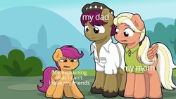 Size: 640x360 | Tagged: safe, artist:ljdamz1119, mane allgood, scootaloo, snap shutter, earth pony, pegasus, pony, g4, the last crusade, female, filly, funny, male, mare, meme, metaphor, monsters inc., ponified meme, stallion