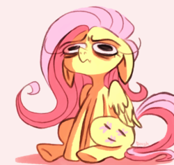 Size: 1280x1206 | Tagged: safe, artist:doughbers, artist:verrucktteig, fluttershy, pegasus, pony, g4, bags under eyes, female, floppy ears, pink background, simple background, sitting, solo