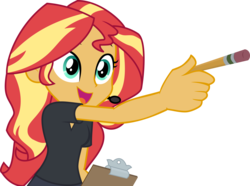 Size: 7685x5721 | Tagged: safe, artist:uigsyvigvusy, sunset shimmer, all the world's off stage, equestria girls, equestria girls series, g4, absurd resolution, clipboard, director shimmer, female, headset, pencil, pointing, simple background, solo, transparent background, vector