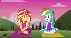 Size: 1304x692 | Tagged: safe, screencap, rainbow dash, sunset shimmer, equestria girls, g4, my little pony equestria girls: choose your own ending, wake up!, wake up!: rainbow dash, barefoot, cellphone, clothes, feet, female, flexible, phone, yoga
