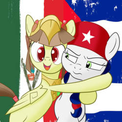 Size: 1500x1500 | Tagged: safe, artist:archooves, oc, oc:cuba, oc:tailcoatl, earth pony, pegasus, pony, base used, cuba, cute, flag, gold cup, happy, hug, mexico, nation ponies, ponified