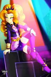 Size: 3333x5000 | Tagged: safe, artist:danmakuman, adagio dazzle, human, equestria girls, find the magic, g4, my little pony equestria girls: better together, adoragio, boots, bracelet, clothes, cute, eyeshadow, female, jacket, jewelry, leather jacket, lidded eyes, makeup, pants, sexy, shoes, sitting, smiling, solo, spiked headband, spiked wristband, stupid sexy adagio dazzle, thigh boots, wristband
