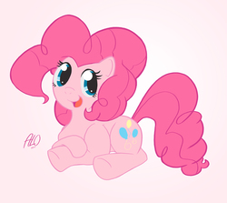 Size: 1010x900 | Tagged: safe, artist:alorozco, pinkie pie, earth pony, pony, g4, cute, diapinkes, female, open mouth, pink background, prone, simple background, solo
