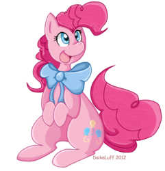 Size: 641x664 | Tagged: safe, artist:daikaluff, pinkie pie, earth pony, pony, g4, bowtie, cute, diapinkes, female, mare, open mouth, simple background, sitting, solo, transparent background