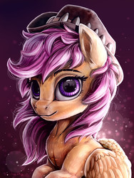 Size: 3000x4000 | Tagged: safe, artist:rysunkowasucharia, scootaloo, pegasus, pony, g4, the last crusade, alternate hairstyle, bokeh, bust, chest fluff, detailed, ear fluff, female, filly, hat, looking at you, portrait, solo