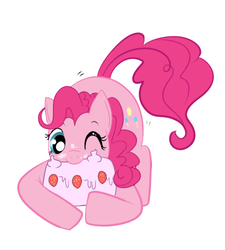 Size: 450x500 | Tagged: safe, artist:lulubell, pinkie pie, earth pony, pony, g4, cake, cute, diapinkes, eating, face down ass up, female, food, messy eating, one eye closed, simple background, solo, white background