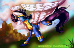 Size: 2600x1700 | Tagged: safe, artist:downpourpony, soarin', pegasus, pony, g4, clothes, colored pupils, ear fluff, goggles, male, open mouth, profile, solo, spread wings, stallion, uniform, wing fluff, wings, wonderbolts, wonderbolts uniform