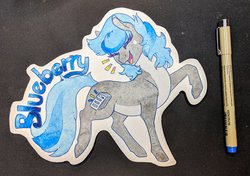 Size: 2048x1445 | Tagged: safe, artist:dojero, oc, oc only, oc:blueberry, earth pony, pony, badge, commissar, commission, con badge, food, solo, traditional art