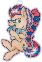 Size: 871x1297 | Tagged: safe, artist:marblefang, oc, oc only, oc:soundwave, earth pony, pony, badge, cd, clothes, con badge, glasses, scarf, solo, traditional art