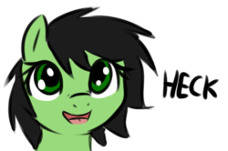Size: 372x247 | Tagged: safe, artist:neuro, oc, oc only, oc:filly anon, earth pony, pony, bust, female, filly, heck, looking up, open mouth, simple background, smiling, transparent background