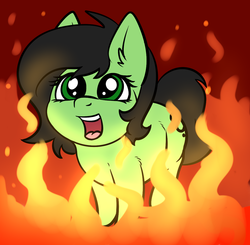 Size: 1140x1115 | Tagged: safe, artist:duop-qoub, artist:smoldix, edit, oc, oc only, oc:filly anon, earth pony, pony, ear fluff, female, filly, fire, irrational exuberance, looking up, open mouth, simple background, smiling