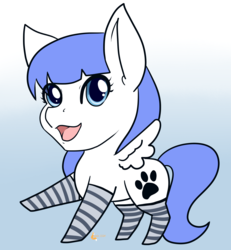Size: 1800x1950 | Tagged: safe, artist:lupie1324, oc, oc only, oc:snow pup, pegasus, pony, chibi, clothes, gradient background, paw prints, socks, solo, striped socks