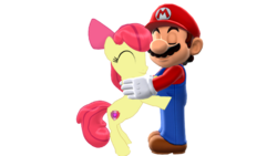 Size: 640x360 | Tagged: safe, artist:hyper-mario-64, apple bloom, earth pony, pony, g4, 3d, bow, crossover, cutie mark, eyes closed, female, filly, hair bow, male, mario, mmd, simple background, super mario bros., the cmc's cutie marks, transparent background