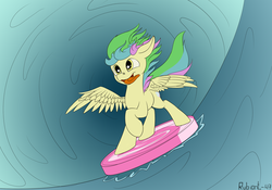 Size: 2000x1400 | Tagged: safe, artist:rubiont, derpibooru exclusive, oc, oc only, oc:flavorful sweets, pegasus, pony, candy, food, happy, pegasus oc, solo, sports, spread legs, spread wings, spreading, surfing, tongue out, water, wings