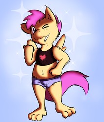 Size: 1091x1280 | Tagged: safe, artist:squeakydweeb, scootaloo, anthro, plantigrade anthro, g4, belly button, clothes, female, filly, one eye closed, shorts, solo, sports bra, tank top, wink