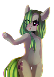 Size: 512x720 | Tagged: safe, artist:tayzipumpqueen, edit, marble pie, earth pony, pony, semi-anthro, g4, alternate hair color, arm hooves, belly button, bipedal, both cutie marks, chromatic aberration, cropped, ear fluff, eye clipping through hair, featureless crotch, female, mare, narrowed eyes, pointing, simple background, solo, tongue out, white background