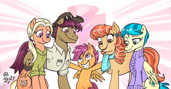 Size: 2885x1517 | Tagged: safe, artist:jowyb, aunt holiday, auntie lofty, mane allgood, scootaloo, snap shutter, earth pony, pegasus, pony, g4, the last crusade, armpits, clothes, cute, cutealoo, family, female, filly, grin, hat, lesbian, male, scootalove, ship:lofty day, ship:maneshutter, shipping, sitting, smiling, stallion, straight, wholesome