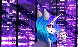 Size: 1289x776 | Tagged: safe, artist:tayzipumpqueen, oc, oc only, oc:killer beats, pony, unicorn, art trade, city, cityscape, coat markings, cup, female, freckles, heart eyes, looking back, mare, night, smiling, solo, speedpaint available, window, wingding eyes