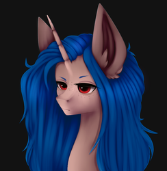 Size: 1194x1225 | Tagged: safe, artist:tayzipumpqueen, oc, oc only, oc:killer beats, pony, unicorn, big ears, bust, ear fluff, female, freckles, gift art, lidded eyes, mare, simple background, solo