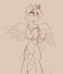 Size: 1319x1554 | Tagged: safe, artist:arjinmoon, derpibooru exclusive, edit, princess luna, alicorn, pony, belly button, bipedal, chest fluff, crown, cute, eye clipping through hair, female, hoof shoes, jewelry, lineart, lunabetes, mare, monochrome, nudity, open mouth, peytral, pubic fluff, regalia, simple background, sketch, solo, spread wings, standing, wings