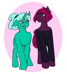 Size: 1350x1502 | Tagged: safe, artist:moonblossommanwise, fizzlepop berrytwist, glitter drops, tempest shadow, pony, unicorn, g4, alternate hairstyle, blushing, broken horn, clothes, duo, duo female, female, horn, lesbian, mare, ponytail, ship:glittershadow, shipping