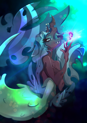 Size: 1358x1920 | Tagged: safe, artist:rariedash, queen chrysalis, twilight sparkle, alicorn, changeling, mermaid, seapony (g4), anthro, g4, bubble, colored pupils, crepuscular rays, crown, eyelashes, fangs, female, fin wings, fish tail, flowing tail, glowing, green eyes, green mane, horn, jewelry, lidded eyes, mermaid tail, mermaidized, ocean, regalia, seaponified, seapony twilight, smiling, solo, species swap, sunlight, swimming, tail, twilight sparkle (alicorn), underwater, water, wings