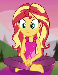 Size: 369x478 | Tagged: safe, screencap, sunset shimmer, equestria girls, g4, my little pony equestria girls: choose your own ending, wake up!, wake up!: rainbow dash, barefoot, cropped, cute, feet, female, shimmerbetes, solo, yoga, yoga mat