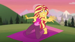 Size: 1280x720 | Tagged: safe, screencap, sunset shimmer, equestria girls, g4, my little pony equestria girls: choose your own ending, wake up!, wake up!: rainbow dash, barefoot, clothes, feet, female, pants, reaching, solo, yoga, yoga mat, yoga pants