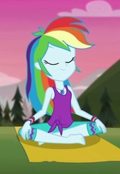 Size: 455x660 | Tagged: safe, screencap, rainbow dash, equestria girls, g4, wake up!, spoiler:choose your own ending (season 2), spoiler:eqg series (season 2), barefoot, breathe in, clothes, cropped, eyes closed, feet, female, geode of super speed, grin, jewelry, knot, magical geodes, necklace, pants, shirt, sleeveless, sleeveless shirt, smiling, solo, tank top, wake up!: rainbow dash, wristband, yoga, yoga mat, yoga pants