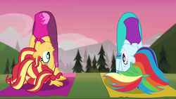 Size: 1280x720 | Tagged: safe, screencap, rainbow dash, sunset shimmer, equestria girls, g4, wake up!, spoiler:choose your own ending (season 2), spoiler:eqg series (season 2), barefoot, bent over, duo, duo female, feet, female, flexible, wake up!: rainbow dash, yoga, yoga mat