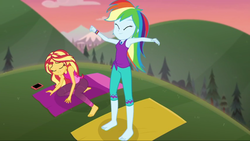 Size: 1280x720 | Tagged: safe, screencap, rainbow dash, sunset shimmer, equestria girls, g4, my little pony equestria girls: choose your own ending, wake up!, wake up!: rainbow dash, barefoot, cellphone, clothes, feet, female, geode of super speed, magical geodes, pants, phone, smartphone, yoga, yoga mat, yoga pants