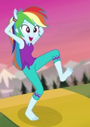 Size: 507x715 | Tagged: safe, screencap, rainbow dash, equestria girls, g4, my little pony equestria girls: choose your own ending, wake up!, wake up!: rainbow dash, armpits, barefoot, clothes, cropped, feet, female, geode of super speed, hand on head, jewelry, knot, magical geodes, necklace, one leg raised, open mouth, open smile, pants, shirt, sleeveless, sleeveless shirt, smiling, solo, tank top, the undulating parakeet, wristband, yoga, yoga mat, yoga pants