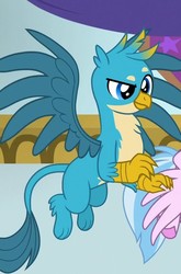 Size: 476x720 | Tagged: safe, screencap, gallus, silverstream, griffon, g4, she's all yak, chest fluff, claws, cropped, flying, majestic, offscreen character, smiling, tail, wings