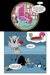 Size: 1024x1512 | Tagged: safe, artist:cartoon-eric, bon bon, pinkie pie, sweetie drops, oc, oc:fred wolfbane, comic:pink. it's what's for dinner, g4, comic, food, licking, licking lips, meat, sugarcube corner, telescope, tongue out
