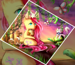 Size: 1201x1035 | Tagged: safe, artist:anagira, edit, angel bunny, fluttershy, gummy, opalescence, owlowiscious, tank, winona, alligator, butterfly, cat, dog, owl, pony, rabbit, tortoise, semi-anthro, g4, animal, arm hooves, better source needed, big ears, cropped, ear fluff, female, male, mare, sitting, smiling, speedpaint available, zoom layer