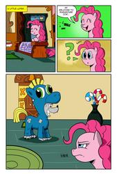 Size: 1024x1512 | Tagged: safe, artist:cartoon-eric, pinkie pie, oc, oc:fred wolfbane, comic:pink. it's what's for dinner, g4, candy, candy cane, clothes, comic, costume, disguise, food, paper-thin disguise, pony costume, seems legit, sugarcube corner, suspicious