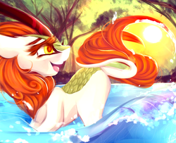 Size: 1328x1080 | Tagged: safe, artist:anagira, edit, autumn blaze, kirin, g4, better source needed, cropped, female, floppy ears, mare, open mouth, river, smiling, solo, speedpaint available, sun, tail whip, tree, turned head, water, water droplet