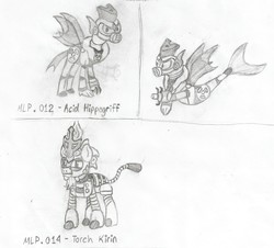 Size: 2178x1972 | Tagged: safe, artist:thekman100, hippogriff, kirin, robot, seapony (g4), acid, acid man, arm cannon, fire, mega man (series), mega man 11, megapony, pencil drawing, robot master, torch, torch man, traditional art