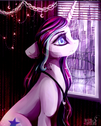 Size: 866x1080 | Tagged: safe, artist:anagira, edit, oc, oc only, oc:magical brownie, pony, unicorn, better source needed, city, cityscape, cropped, crying, female, floppy ears, gift art, jewelry, mare, necklace, rain, sidemouth, sitting, solo, speedpaint available, window