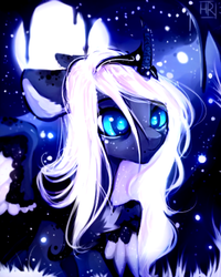 Size: 865x1080 | Tagged: safe, artist:anagira, edit, princess luna, alicorn, pony, g4, better source needed, cave, cropped, curved horn, female, floppy ears, gift art, horn, horn jewelry, jewelry, mare, moon, redesign, solo, speedpaint available, stalactite, tiara, white-haired luna