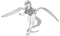 Size: 1167x709 | Tagged: safe, artist:akweer, fluttershy, pegasus, anthro, unguligrade anthro, g4, action pose, breasts, busty fluttershy, clothes, female, hoodie, mare, monochrome, simple background, sketch, solo, spread wings, white background, wings