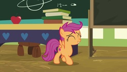 Size: 1920x1080 | Tagged: safe, screencap, scootaloo, pegasus, pony, g4, the last crusade, apple, book, chalkboard, cutie mark, female, filly, food, solo, the cmc's cutie marks