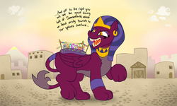 Size: 2880x1728 | Tagged: safe, artist:wispy tuft, the sphinx, pony, sphinx, daring done?, g4, clothes, concerned, confused, egyptian, eyeshadow, female, floppy ears, giantess, implied violence, implied vore, jewelry, looking back, macro, macro/micro, makeup, micro, pyramid, show accurate, size comparison, size difference, somnambula (location), temple, tour bus, tourist, wide eyes