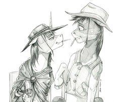 Size: 1400x1139 | Tagged: safe, artist:baron engel, oc, oc only, oc:half-cock, earth pony, pony, unicorn, candy, clothes, cowboy hat, female, food, hat, lollipop, looking at each other, male, mare, monochrome, pencil drawing, serape, simple background, stallion, story included, traditional art, vest, white background